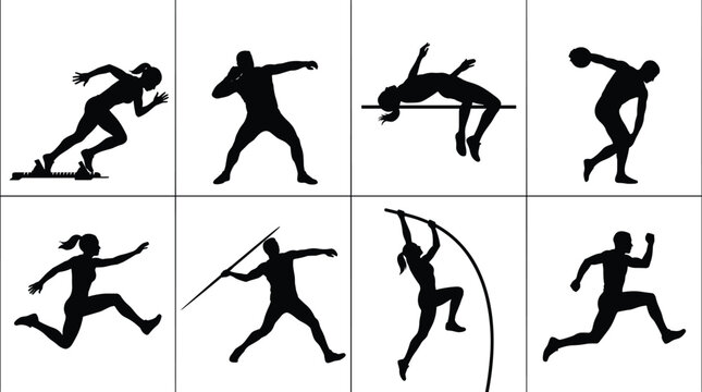 Track and field athletes silhouette set featuring various sports including running sprinting javelin throwing high jump and pole vault