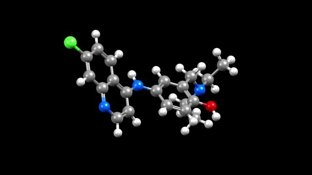 Structure of antiparasitic medication amodiaquine.Animated 3D ball-and-stick and spacefill models, black background.