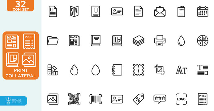 Book, print collateral Vector illustration line editable Icons set. Brochure, catalog, flyer, envelope, letterhead. on white background.