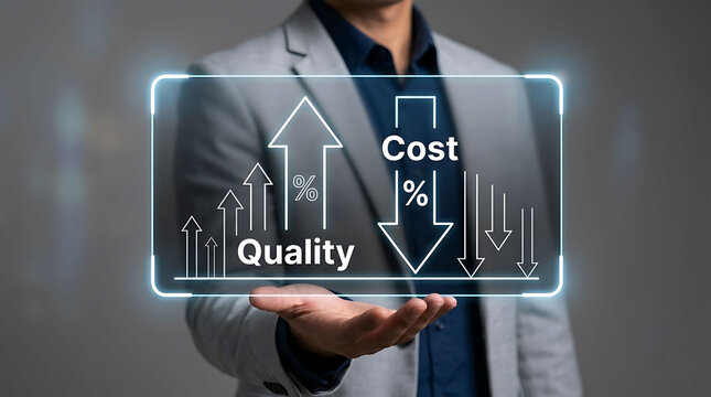 Businessman holding virtual screen showing high quality and lower cost