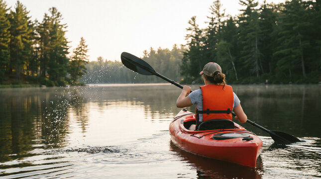 Woman Kayaking on Calm Lake Surrounded by Pine Trees at Sunrise