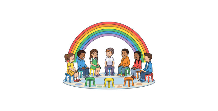 Children Sitting in a Circle Under a Rainbow Vector Illustration