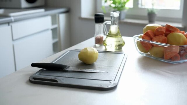 Peeled Raw Potatoes On Board In The Kitchen