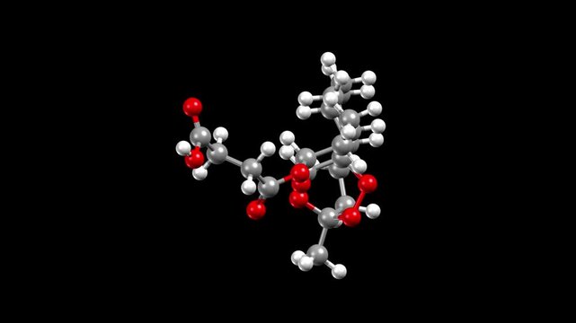 Structure of antimalarial medication artesunate. Animated 3D ball-and-stick and spacefill models, black background.