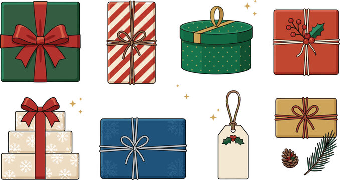 Christmas Holiday Gift Box Vector Icon Set with Wrapped Present Packages Ribbons Twine Bows Pinecone and Holly Label for Winter Celebration Graphic Designs