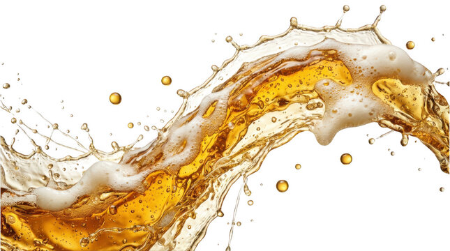 Refreshing splash of golden beer with foam and bubbles isolated on transparent background