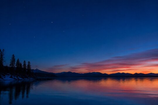 Deep blue twilight sky with bright stars and a faint crimson afterglow, serene landscape.