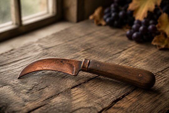 Antique grape pruning knife with wooden handle on a rough-hewn wooden table.