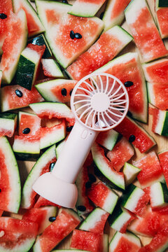 Portable electric fan lies on top of watermelon rinds and pieces scattered on surface. Beat the heatwave concepts, coping with high summer temperature, global warming adaptation solutions.