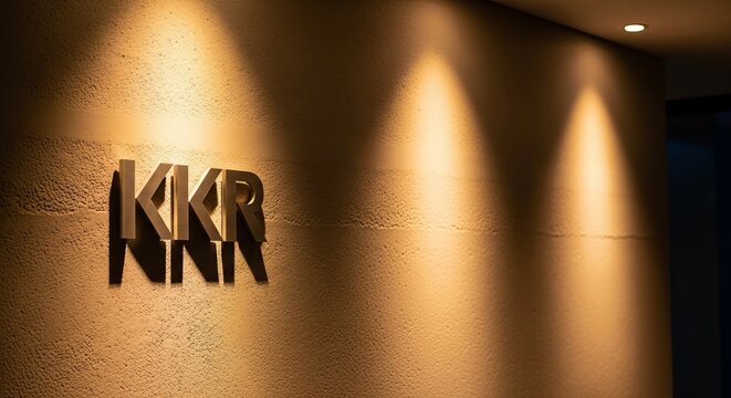 KKR logo on a textured wall with spotlight illumination.