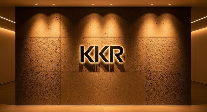 KKR logo on a textured wall with spotlight illumination.