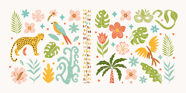 Tropical floral and fauna illustration with palm leaves and leopard