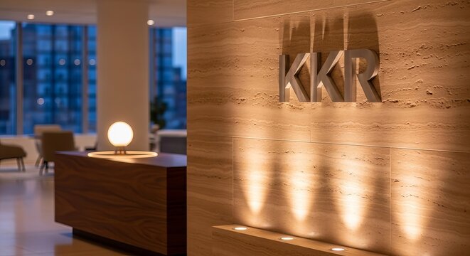 KKR office interior with logo and reception area, modern design.