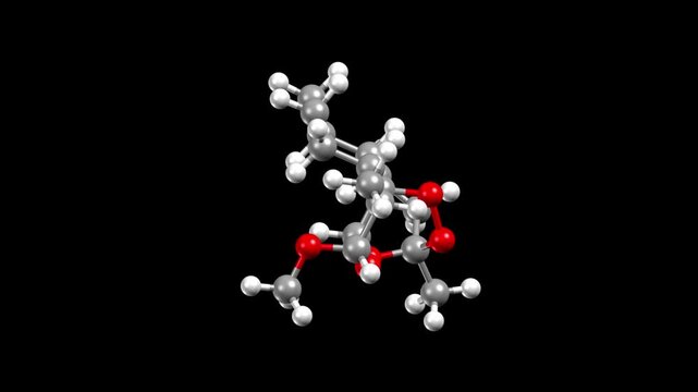 Structure of antimalarial medication artemether. Animated 3D ball-and-stick and spacefill models, black background.