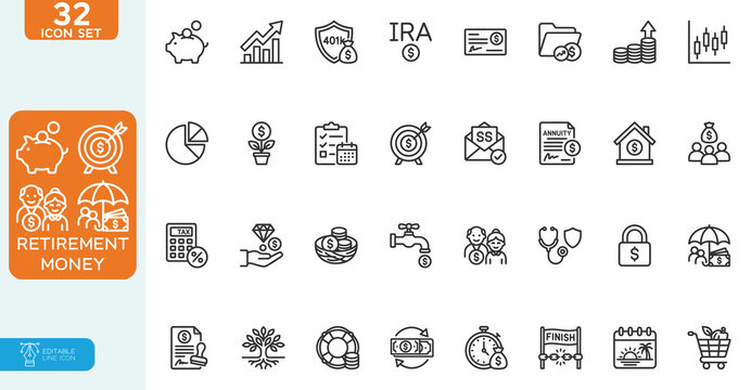 Retirement money Vector illustration line editable Icons set. Pension fund, profit growth, piggy bank, finance budget, income. Simple line signs for investment. on white background.