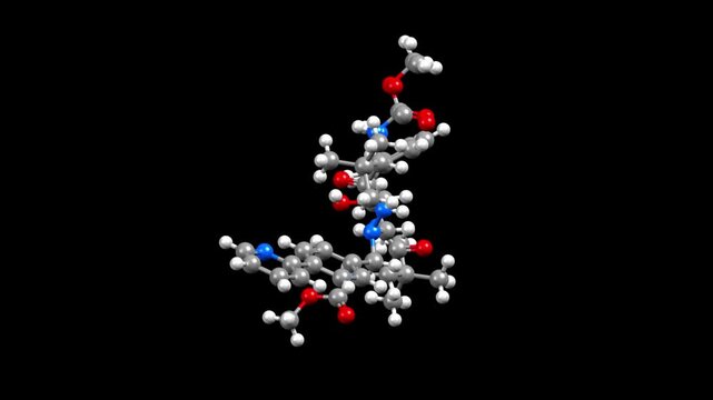 Structure of atazanavir, an antiretroviral medication. Animated 3D ball-and-stick and spacefill models, black background.