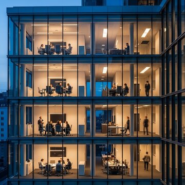 Modern office building at night with people working inside.