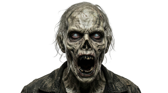 Closeup portrait of a terrifying undead zombie screaming isolated on transparent background