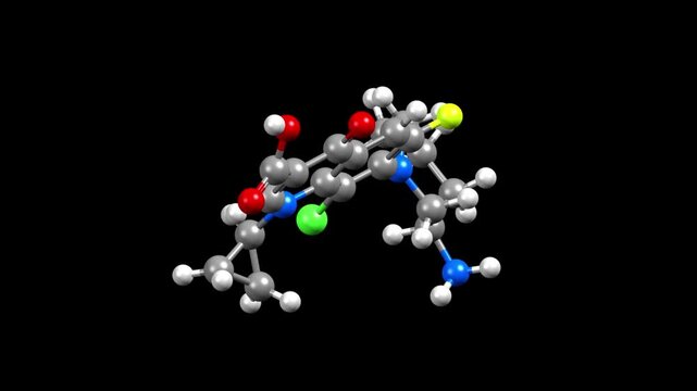 Structure of the fluoroquinolone antibiotic besifloxacin. Animated 3D ball-and-stick and spacefill models, black background.