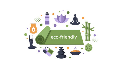 Fototapeta premium Eco-friendly Yoga and Wellness Concept Illustration with Green Mat, Lotus, Bamboo, and Zen Elements