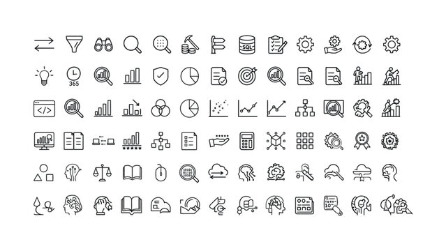 Modern business data analysis technology concept vector line icons collection for web applications