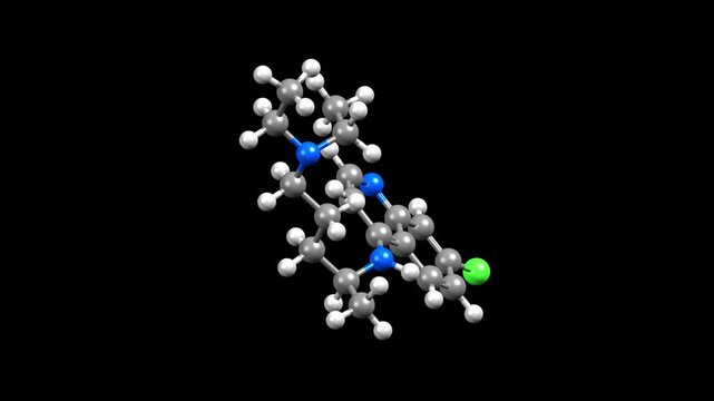 Structure of antiparasitic medication chloroquine. Animated 3D ball-and-stick and spacefill models, black background.