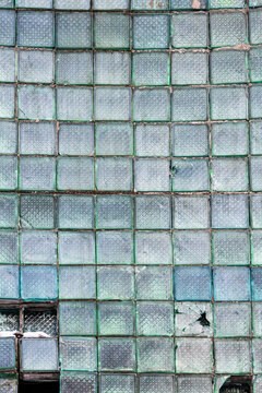 broken Glass block wall on old factory