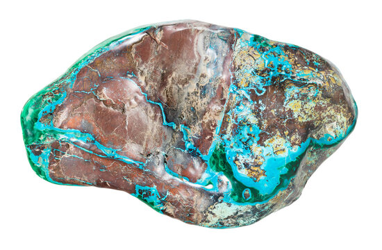 specimen of mineral from geological collection - natural polished cuprite in chrysocolla rock isolated on white background