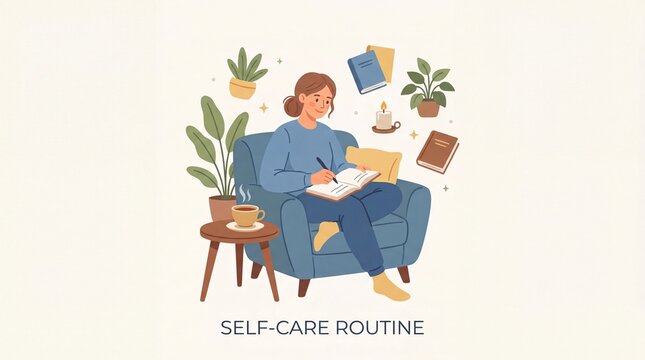 Woman sitting on sofa with plant enjoying book and coffee in her self-care routine at home with candlelight.