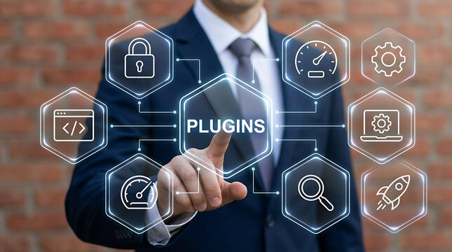 Businessman touching plugins virtual interface for website optimization cms