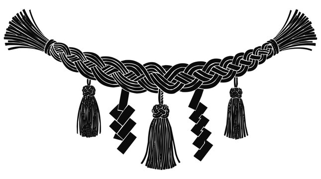Traditional Japanese Shimenawa Sacred Rope with Shide Paper Streamers and Tassels for Shinto Shrine Purification and Protection