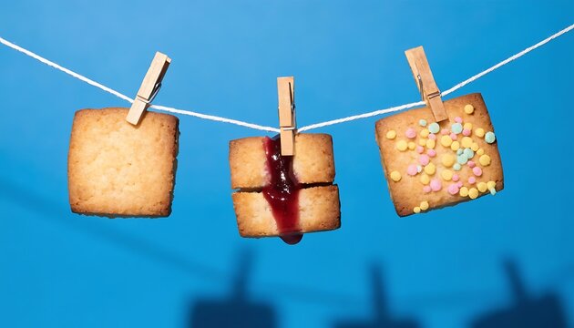 Three square cookies hanging on a clothesline against a bright blue background