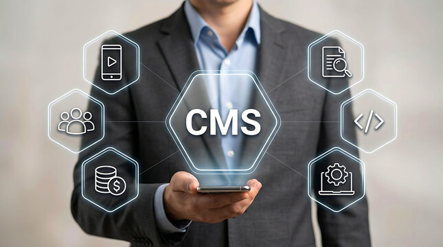 Businessman holding phone with CMS content management system concept
