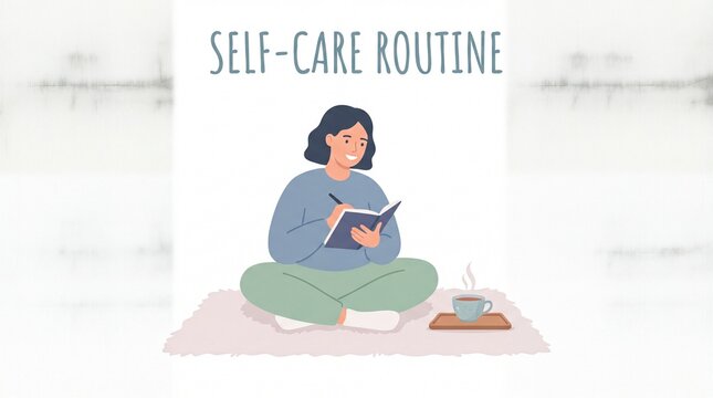 Woman practicing self-care routine with journal and tea