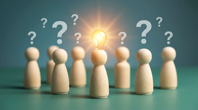 Wooden figures with question marks and one glowing lightbulb idea