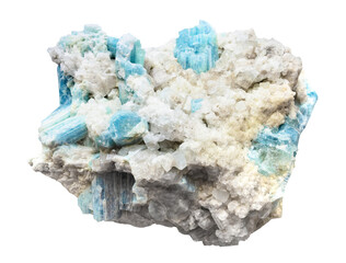 Fototapeta premium specimen of mineral from geological collection - raw druze of aquamarine rock isolated on white background from Sherlovaya Gora, Zabaykalsky Krai