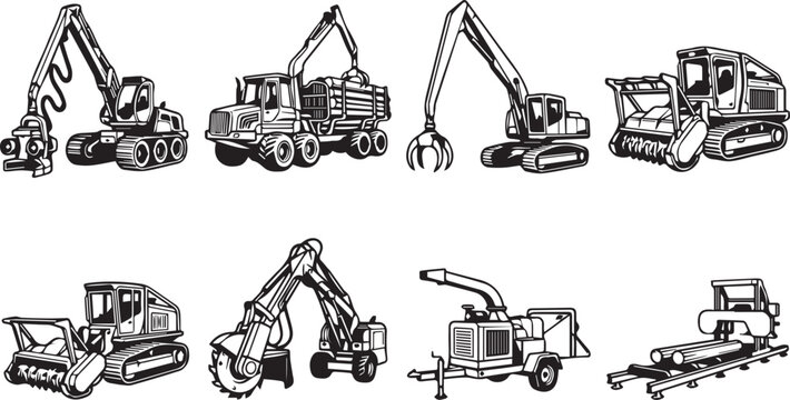 Forestry Heavy Machinery Outline Icon Set with Harvesters Excavators and Wood Chippers
