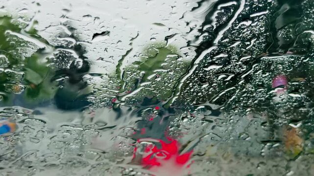 Cinematic video footage of heavy rain on windshield with moving vehicle traffic on blurred background. Atmospheric urban scene of cars driving through stormy weather with red bokeh lights.