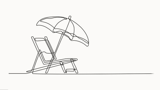 Continuous one line beach chair with umbrella drawing art sun summer sand sea icon island illustration isolated on white background. background