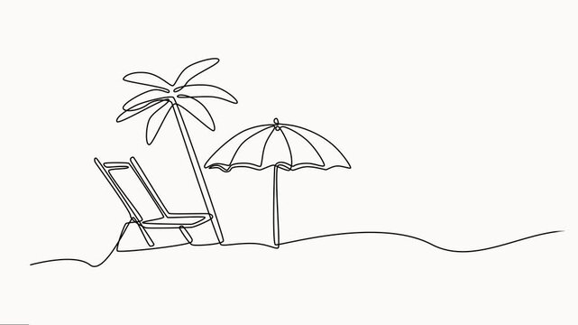 Animation of single continuous line drawing tube sunscreen on a beach chair with an umbrella and palm tree. Full-length motion vector on white background.