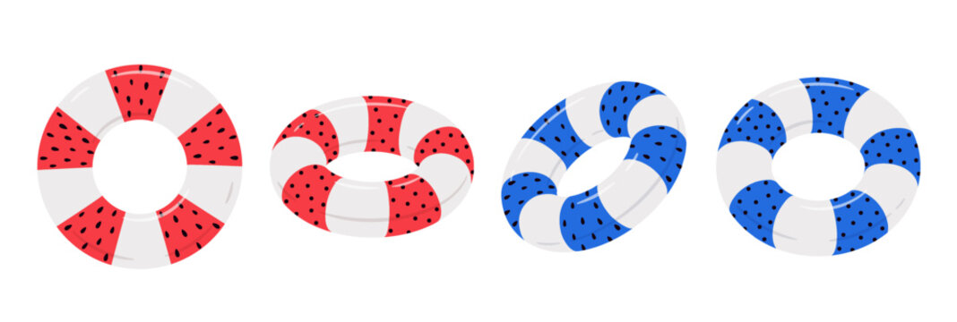 Inflatable lifebuoy for swimming from different angles, blue and red. Summer travel and leisure objects, rubber water toys, pool toys. Vector illustration.