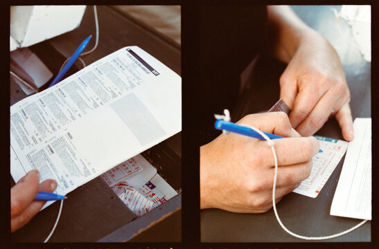 Diptych of Hand Writing Betting Slips at a Horse Racing Event