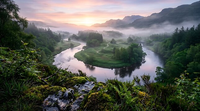 Winding river in a deep valley during a beautiful foggy sunrise with green forest trees