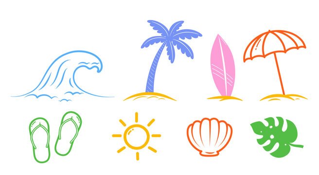 Summer beach icons. Set of seaside holiday elements. Palm leaf, beach umbrella, flip-flops, surfboard, shell, waves, and sun. Vector illustration.