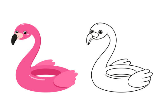 Flamingo swim ring. Inflatable floating pink lifebuoy, rubber children's pool toy. Vector illustration.