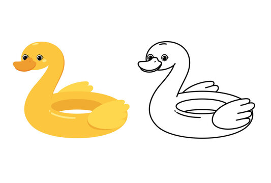 duck swim ring. Inflatable floating yellow lifebuoy, rubber children's pool toy, bird. Vector illustration.