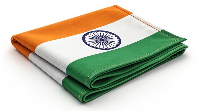 Tricolor cotton flag neatly folded showing Ashoka Chakra emblem.

