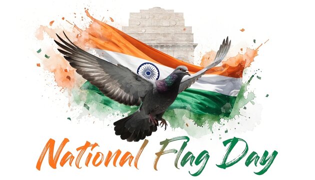Happy National Flag Day with dove flying near tricolor.
