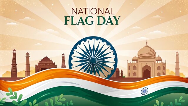 National Flag Day illustration with Taj Mahal and chakra.
