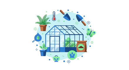 Naklejka premium Greenhouse Gardening and Horticulture Flat Vector Illustration with Tools and Plants